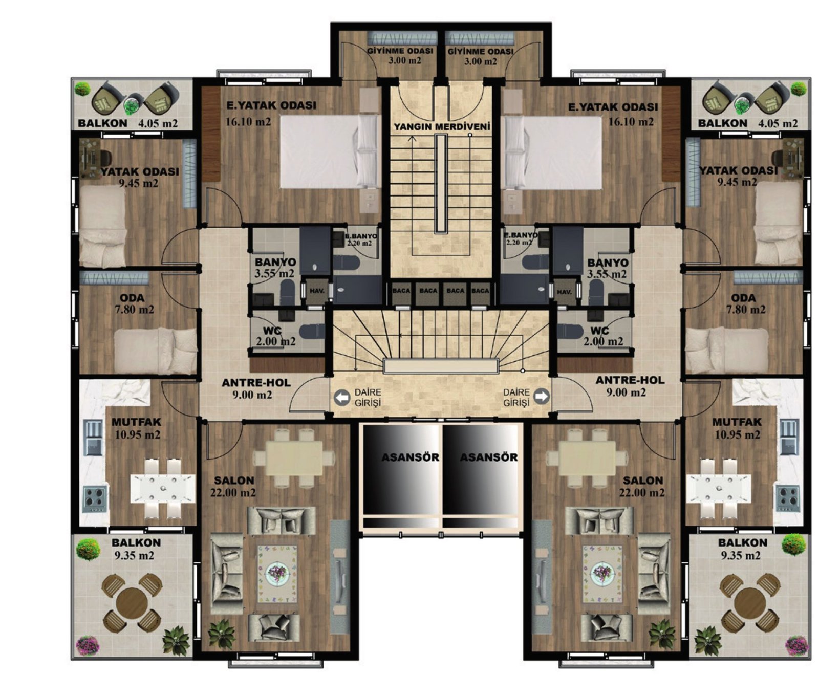 3+1 Daire Tipi kat planı